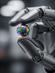 Robotic hand delicately balancing a vibrant iridescent sphere of light