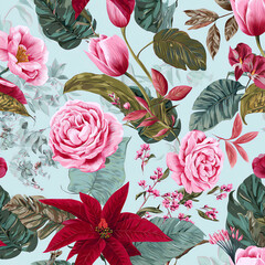 a seamless pattern of pink roses, tulips, and poinsettias with green leaves on a light blue background