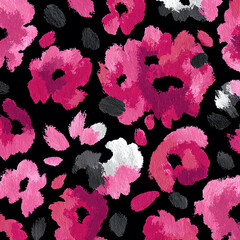 pink leopard print seamless pattern, black background, pink flowers, paint strokes, high resolution, no blur.