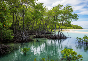 Lush green mangrove forest thriving in clear tropical waters, a vital ecosystem illuminated by natural light, embodying environmental conservation and serene natural splendor