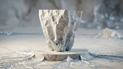 Sculptural Formed Object Amidst Rippling Reflections and Frozen Elements