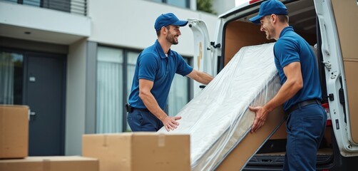 Two male movers in blue uniform carry wrapped mattress from house to van. They smile and work together, loading furniture for delivery. Boxes are nearby.