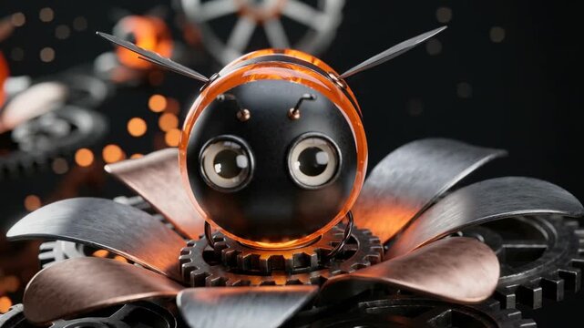 Mechanical bee with illuminated amber abdomen perches on layered metallic petals and interlocking gears. The mini robot blends copper and steel finishes, rivets, and translucent wings for a steampunk 
