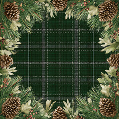 green and dark green checkered background with pine branches, leaves, berries, and cones surrounding the edge of the design in a square shape.