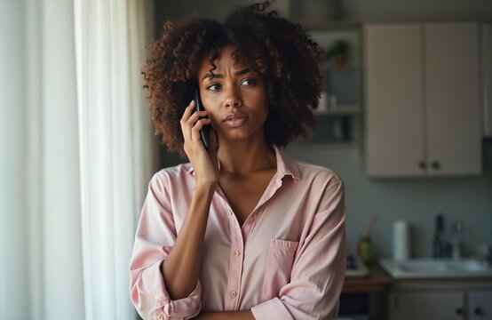 Worried african american woman talks on phone indoors. Young lady looks stressed, concerned about urgent news. Adult female has serious conversation at home, indoor, close up.