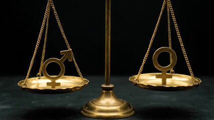 Golden Scale Demonstrating International Women's Day Gender Equality with Male and Female Symbols in Equilibrium