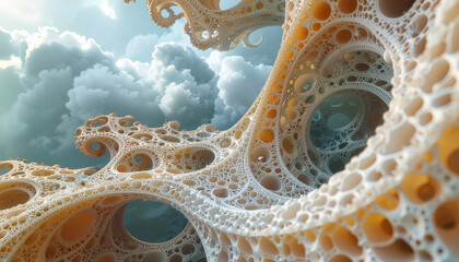 Surreal fractal structures float amidst cloudy skies with intricate details and swirling patterns