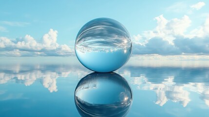 Chrome sphere reflecting sky, clouds, water; serene nature scene; website header