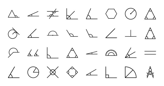 Geometry and mathematics line icon set. Vector pictograms of angles, triangles, parallel lines, protractor, compass and geometric shapes, thin outline illustration.