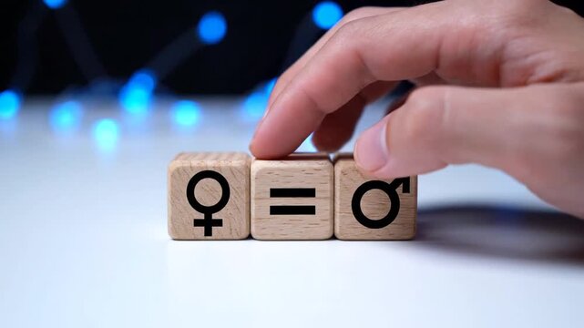 International Women's Day Gender Equality Concept: Female and Male Symbols on Wooden Blocks with a Hand, Representing Fairness and Equal Rights