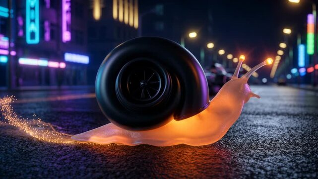 Snail with turbocharger shell glows as it slides across a neon-lit wet street at night. Urban lights reflect on the shell and asphalt. The surreal scene mixes motion and futuristic city atmosphere for