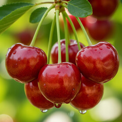 Fresh Red Cherries On Tree