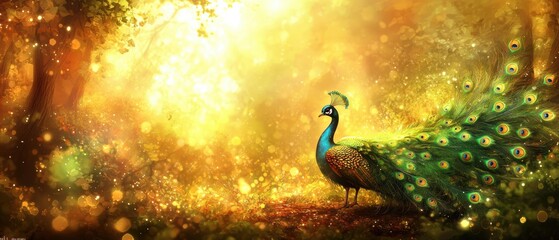 A peacock stands in a forest with a long, colorful tail. Sunlight shines through the trees. AI.