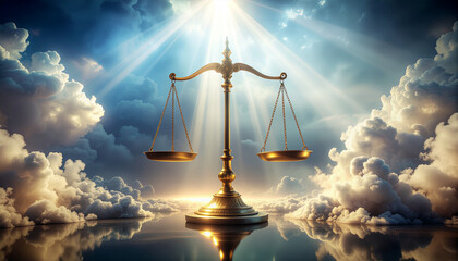 A majestic scale of justice stands balanced among the clouds with rays of light shining down