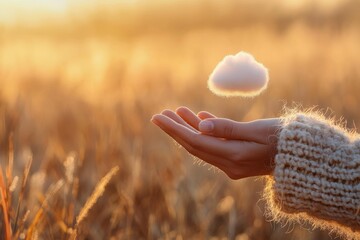 A small white cloud floats above an open hand, backlit by golden light in a field of tall grass. AI.