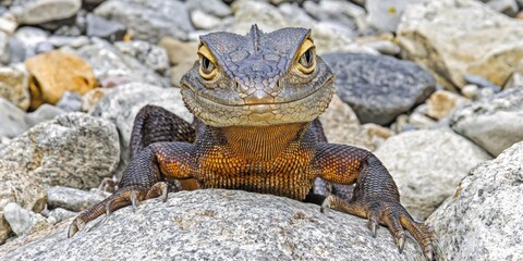 A large lizard with brown and yellow scales is resting on gray rocks. AI.