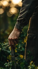 A person in work clothes holds a gardening tool amidst green plants. AI.