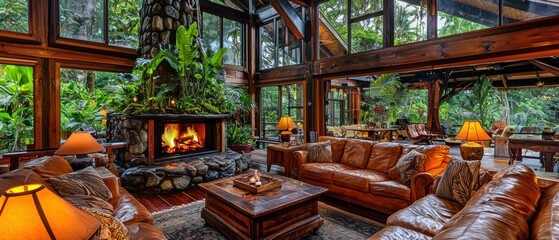 Cozy living room with stone fireplace and lush greenery outside the large windows. Leather sofas sit on a patterned rug. AI.