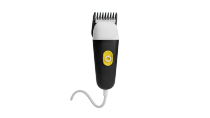 3D Black and white hair clipper with yellow button on transparent background