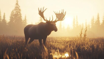 A large moose with antlers stands in a grassy field with trees in the background during a hazy sunset. AI.