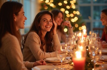 Women smile and talk at festive dinner table. Candles and Christmas tree lights create cozy atmosphere. Friends enjoy meal and conversation together indoors, celebrating happy occasion.