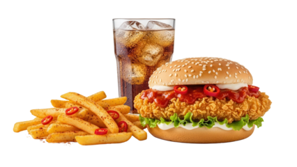Spicy zinger burger meal with peri peri fries and a cold beverage isolated on white background