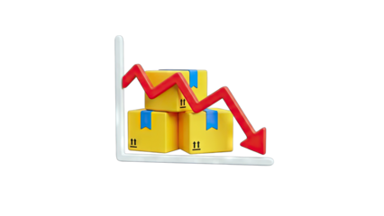 3D Boxes with a downward trending graph on transparent background