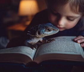 A girl reads an open book with a blue lizard perched on it. The lizard looks towards the girl. AI.