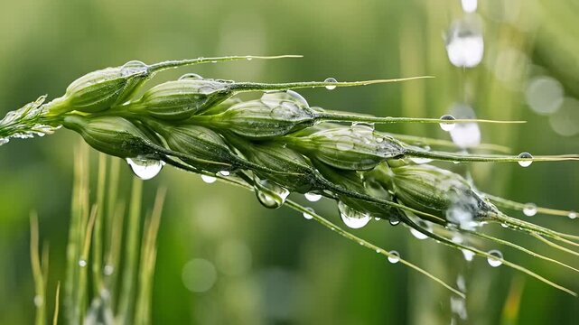 Close up of a green wheat ear with water drops in the field.