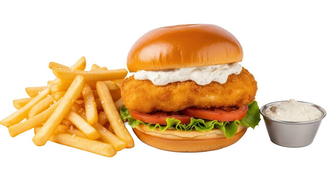 Delicious fish burger combo with tartar sauce and crispy golden french fries isolated on white background