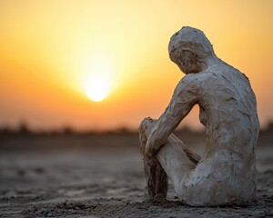 A textured statue sits on sand with arms around legs, facing a bright, orange sunset. AI.