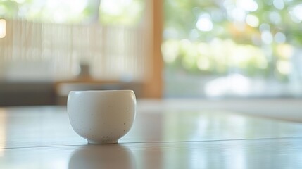 A small, white, speckled cup sits on a reflective surface near a window. The background is blurred. AI.
