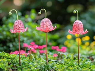 Three red-spotted, bell-shaped flowers stand tall in a garden of green foliage and pink blooms. AI.