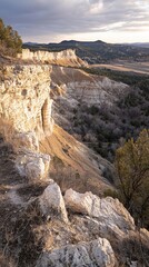 Cliffside view of a rugged landscape with rock formations, sparse vegetation, and distant hills. AI.