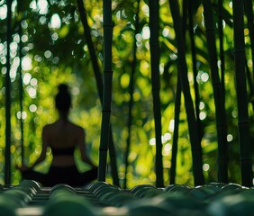 A woman meditates in the lotus position among bamboo stalks, with a blurred green background. AI.