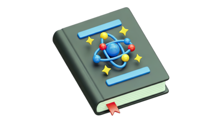 3D Book with Atom Symbol and Stars on transparent background