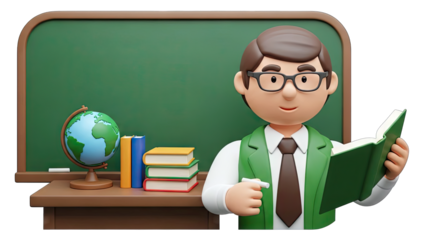 3D Cartoon Teacher Holding Book by Chalkboard with Globe and Books on transparent background