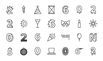 Fototapeta premium New year celebration icon set. Vector pictograms of decorative numbers, party hat, hourglass, wine glass, mask, balloon, and disco ball, thin outline illustration.