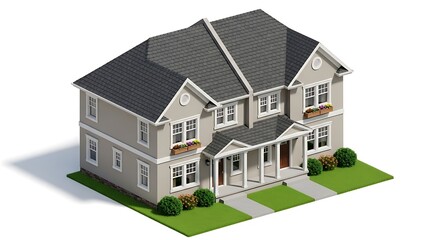 Isometric View of a Modern Two-Story Suburban House with Green Lawn and Walkways.