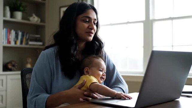 Smiling Young Mother Juggling Remote Work and Childcare with Her Baby, Embracing International Women's Day Gender Equality and Flexible Parenthood
