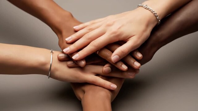 International Women's Day Gender Equality: Diverse Hands Stacking, Symbolizing Unity, Teamwork, and Global Solidarity for Inclusion and Collaboration