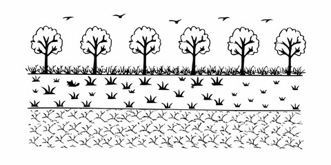 A simple black and white illustration of trees grass and roots © Tusar