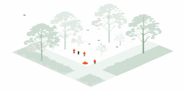 Isometric view of a park with trees people and a campfire
