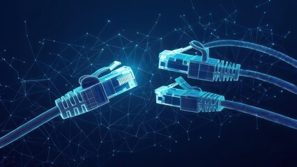 Network cables, glowing blue, connected, abstract.  Digital lines connect network plugs