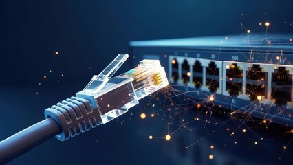 Network connection,  RJ45 cable plugged into switch.  Abstract particles show connectivity
