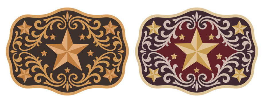 Sheriff Star Badge Rodeo Cowboy Belt Buckle, Wild West Cowboy Style Tag, Stylized Western Texas Five Point Star, Decorative Floral Frame, Vector Design