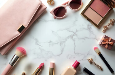 Luxury makeup accessories laid flat on marble. Includes lipstick, brushes, sunglasses, and purse. Perfect for beauty blog, fashion magazine, or cosmetic brand content.