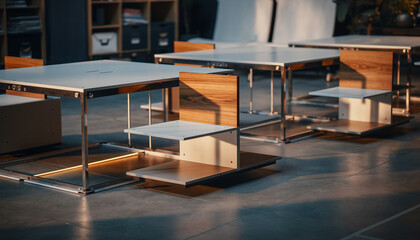 Modern office furniture with sleek metal and wooden desks