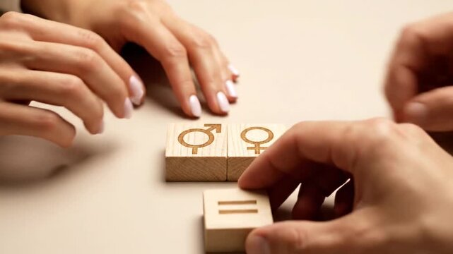 International Women's Day Gender Equality Concept: Hands Aligning Male and Female Symbols with an Equals Sign for Fairness and Equal Rights