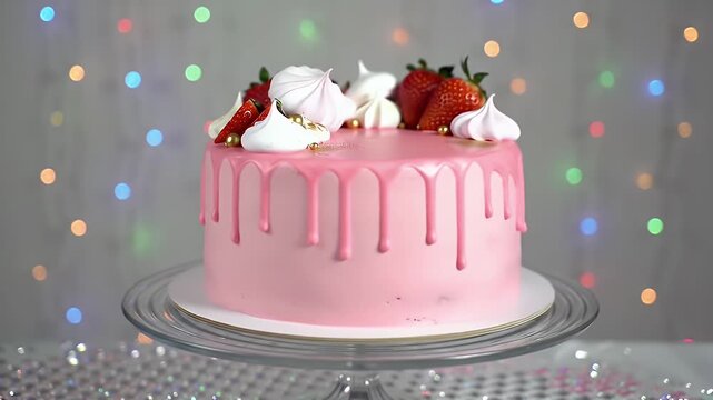 Elegant Pink Drip Cake with Strawberry Topping on a Shiny Silver Cake Stand Under Colorful Bokeh Lights